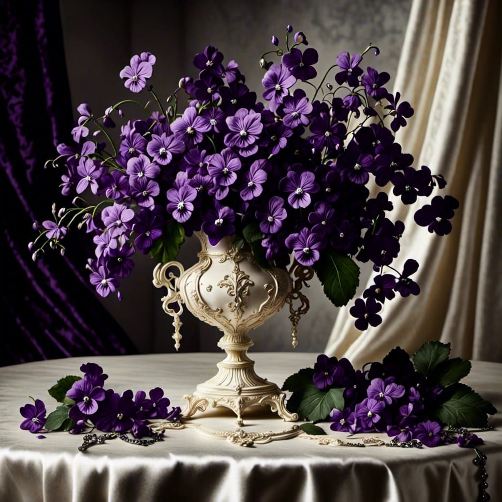 Vase of Violets: Gothic Glamour on Ivory