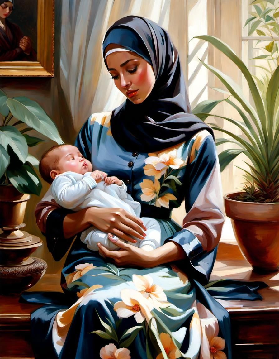 Caring Mother and Baby Portrait in Oil Paint