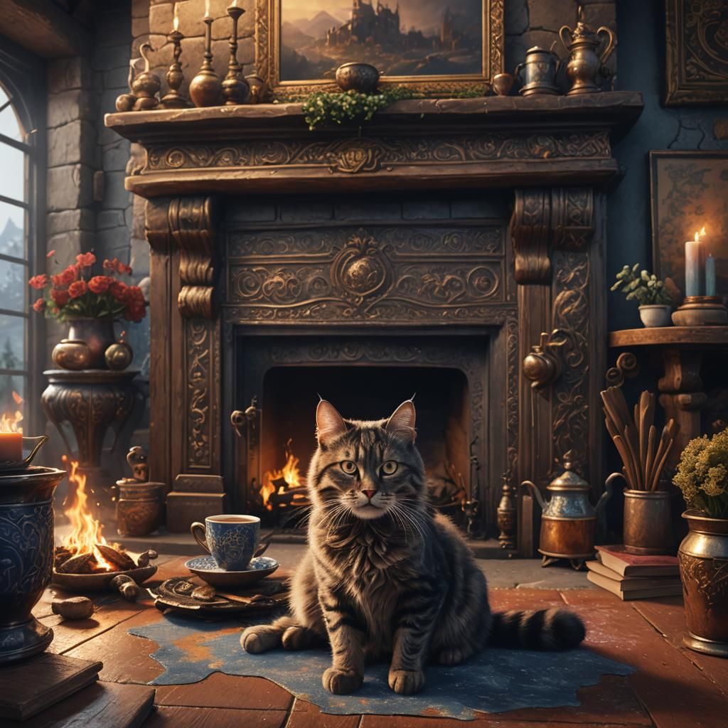 Cat Drinks Coffee: Detailed Matte Painting