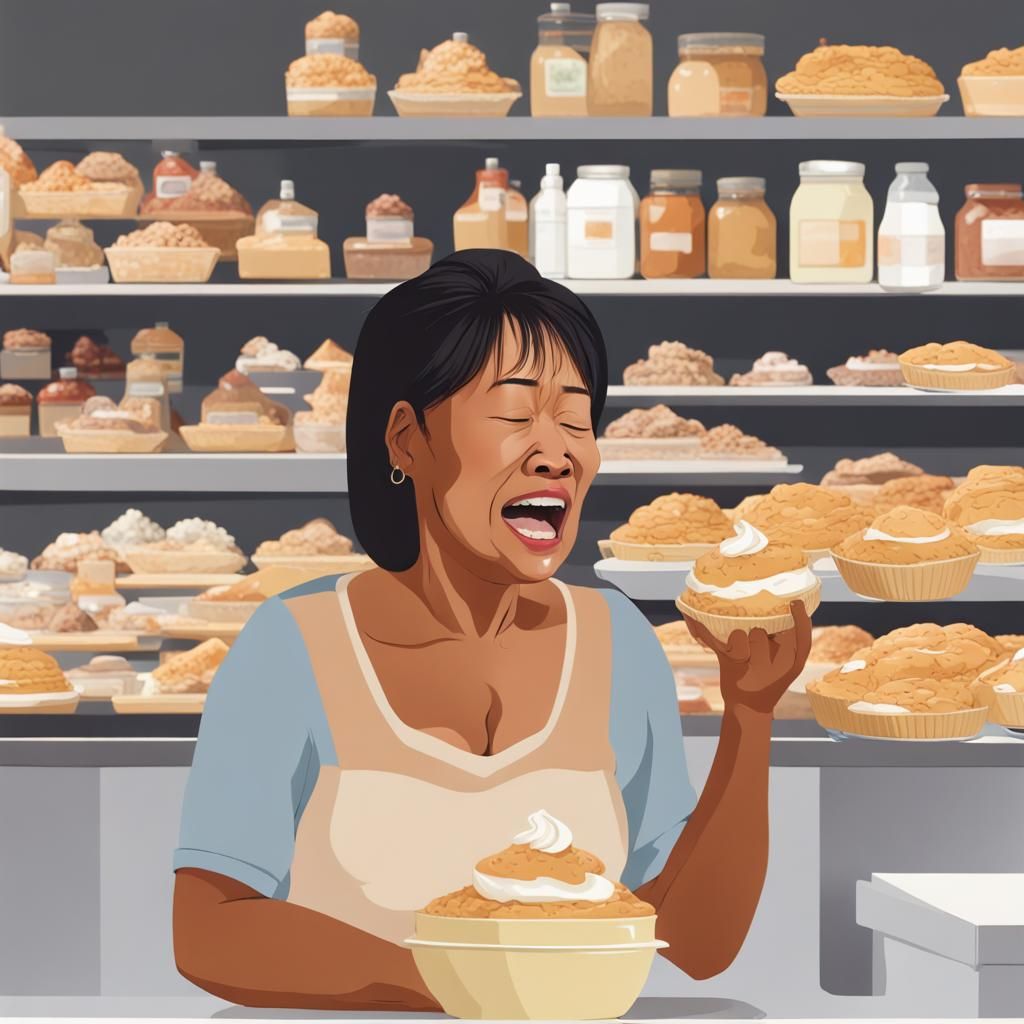 Distressed Woman with Cream Pies in a Shop