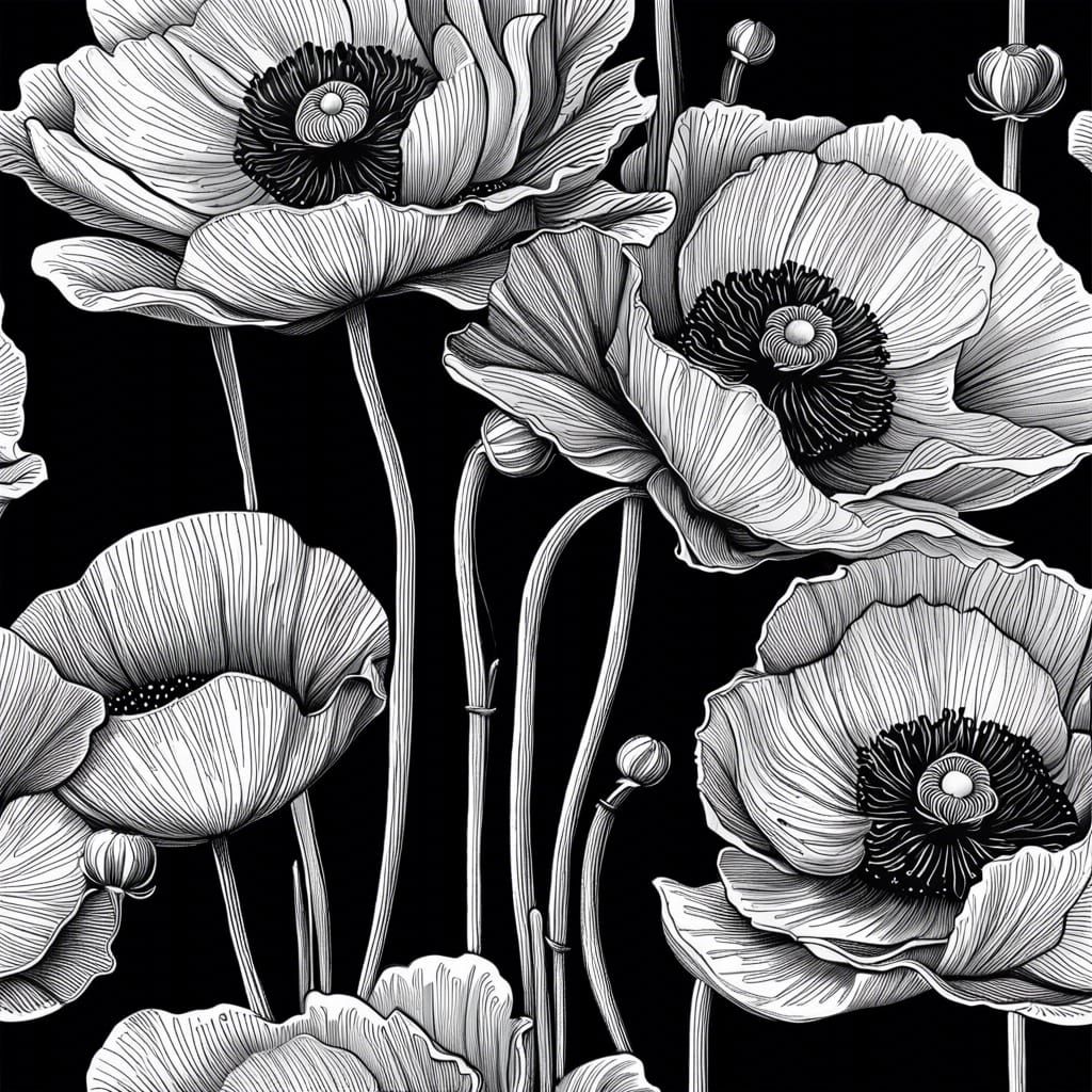 Hyperdetailed Black and White Opium Poppy Arrangement