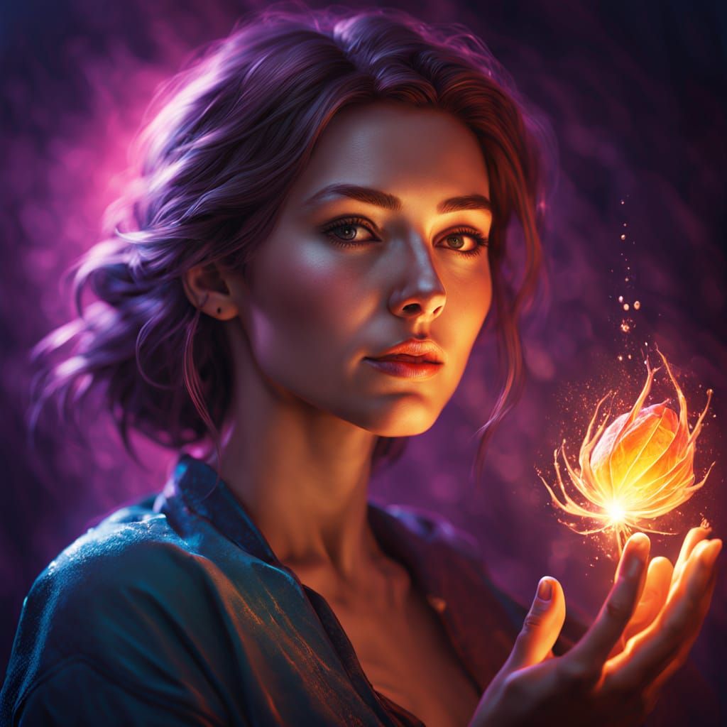 A Woman Holds a Radiant Seed in Vibrant, Dramatic Style
