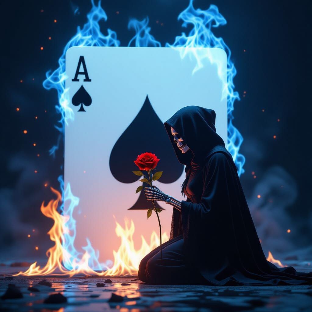 Skeletal Figure Kneels Before Flaming Ace of Spades