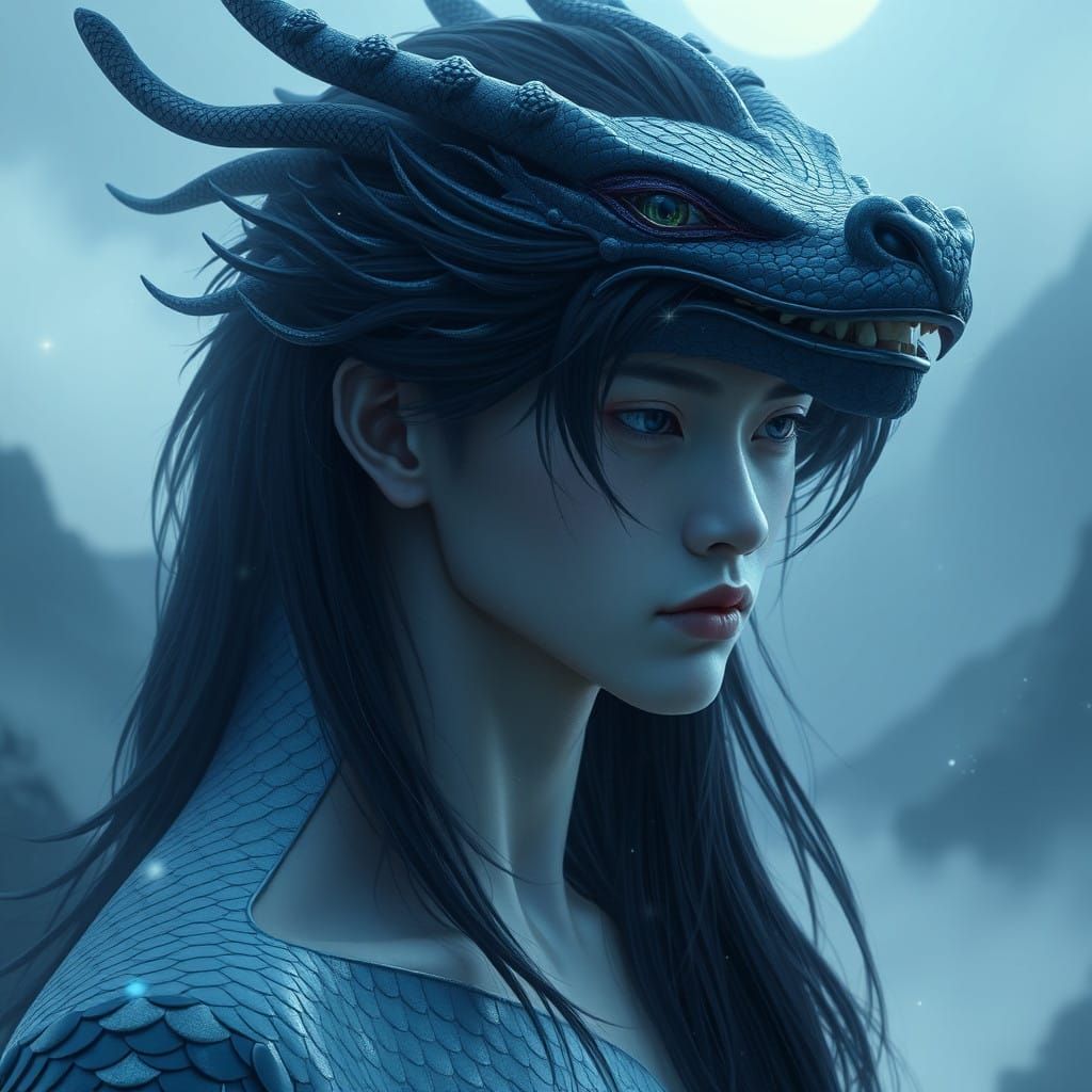 Ethereal Dragon Man in Asian-Inspired Fantasy Realm