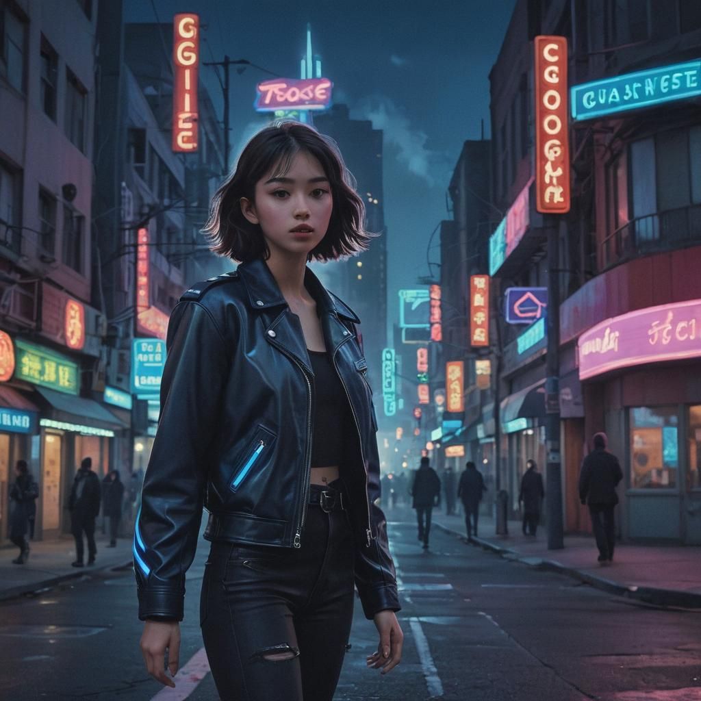 Retro-Futuristic Teenager in Neon Cityscape