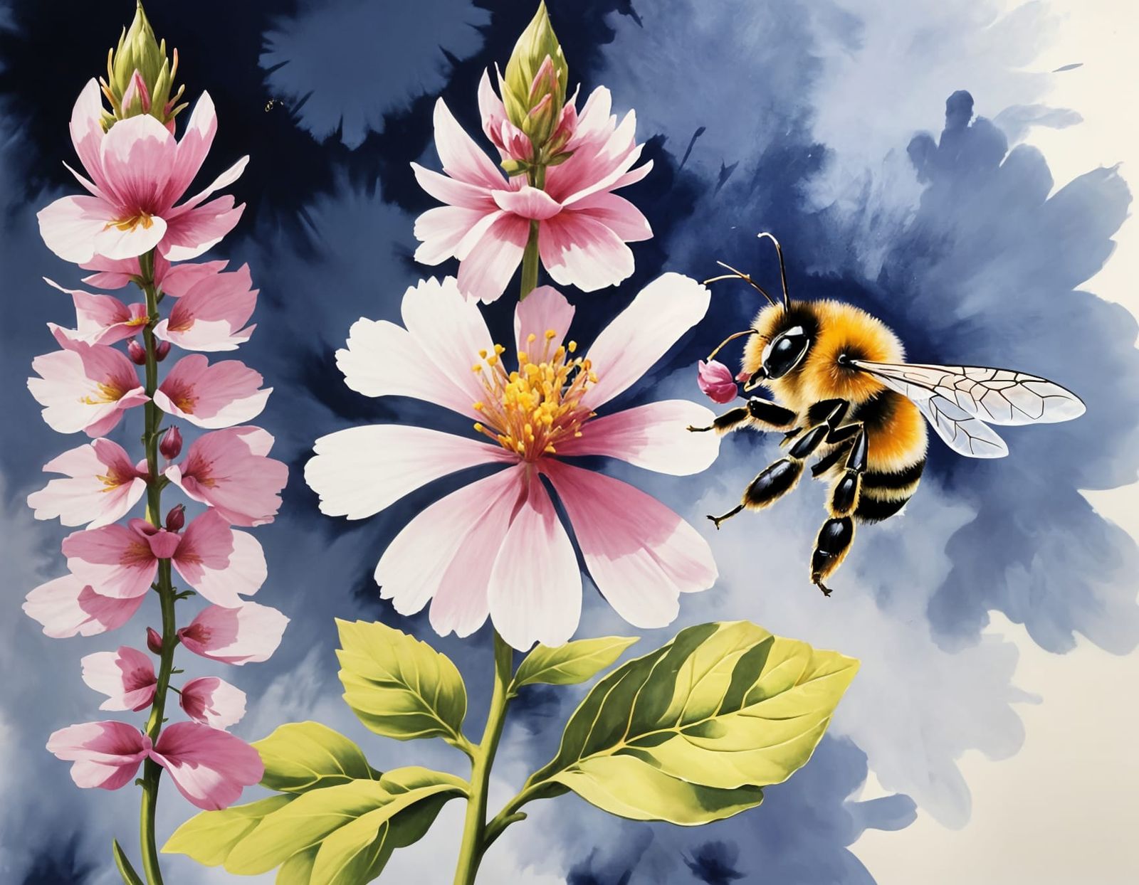 Bee on Flower in Sumi-e Style Painting