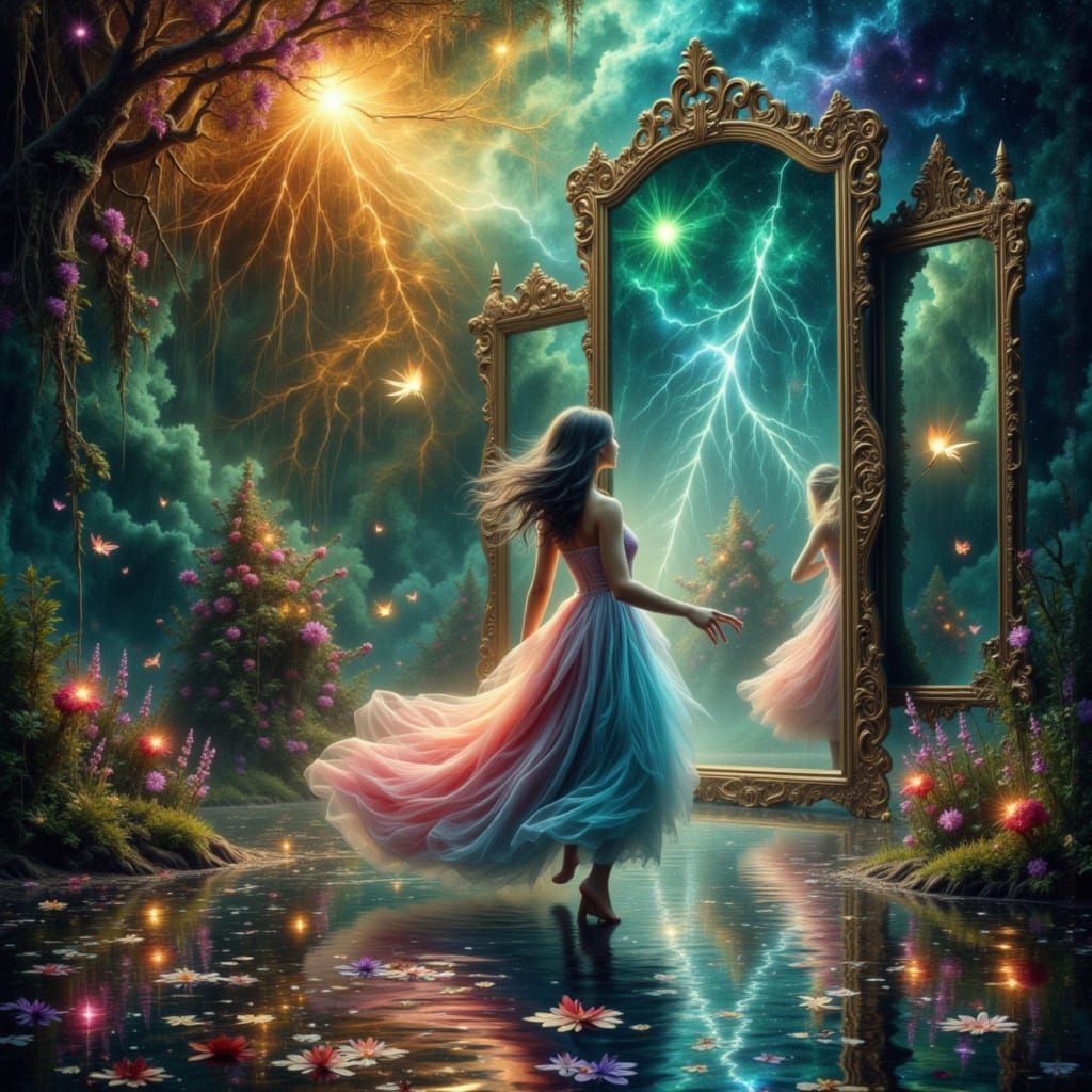 Girl Enters Mirror into Flipped Surreal World