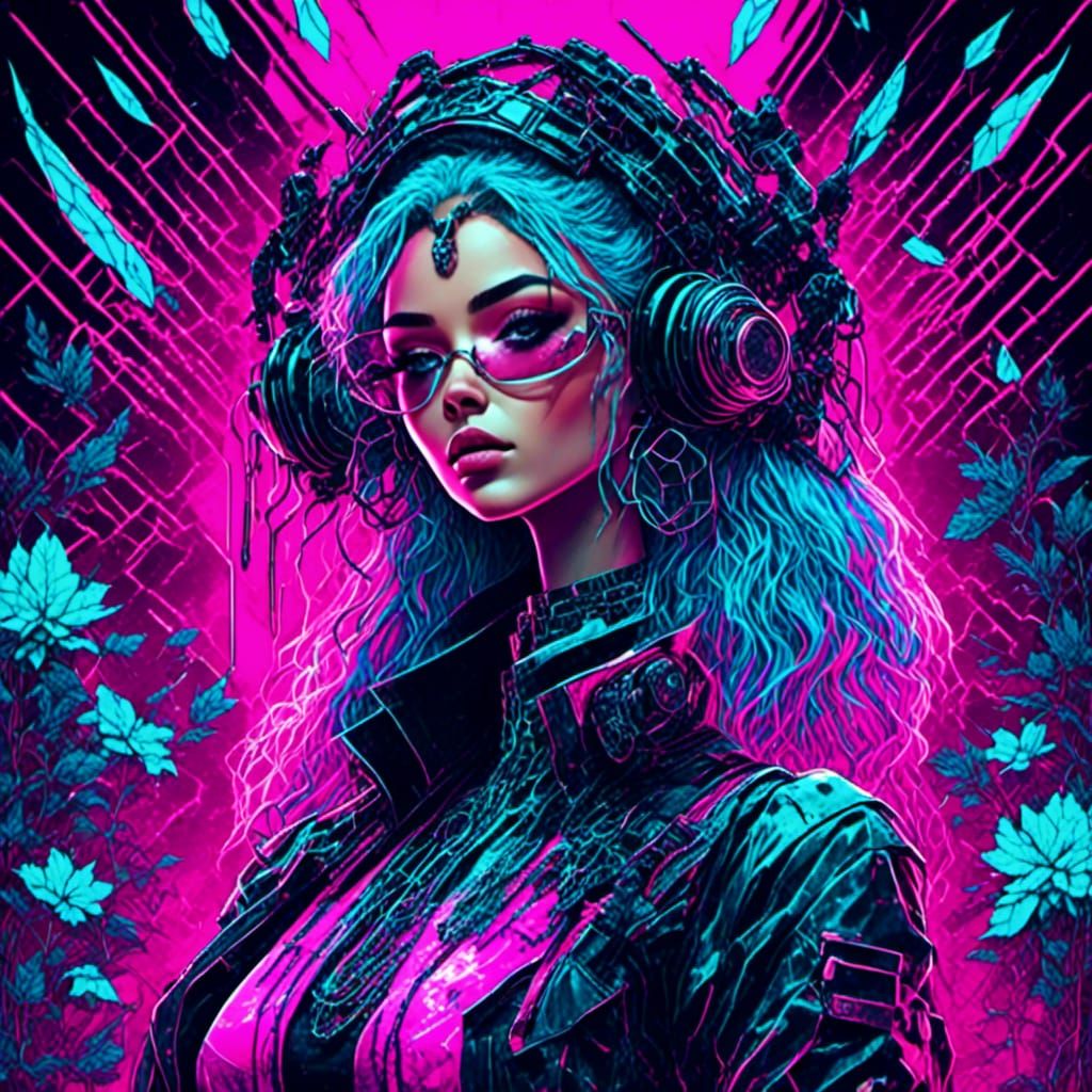 Trippy Girl in Costume and Jewels, Synthwave Neon