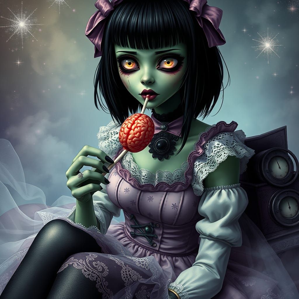 Zombie Woman Enjoys Brain Lollipop in Dreamlike Setting