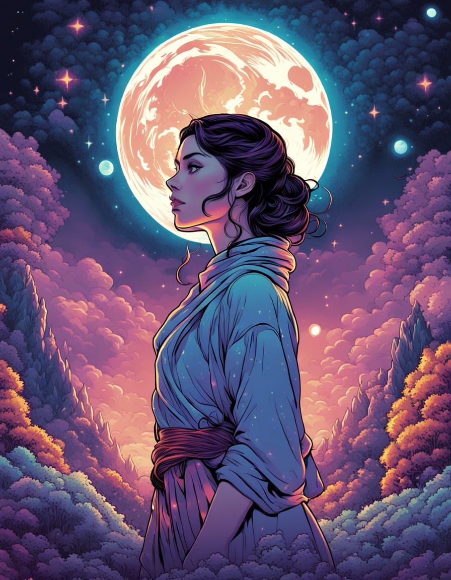 Woman Bathed in Moonlight with Starry Background