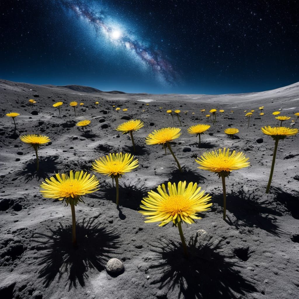Dandelions Bloom on the Moon in Realistic Photo