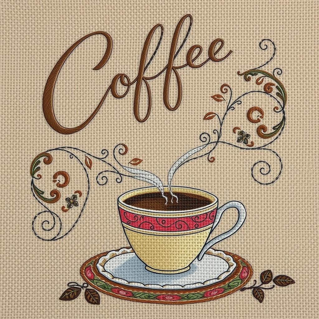 Needlework Art on Burlap Canvas with Coffee Cup