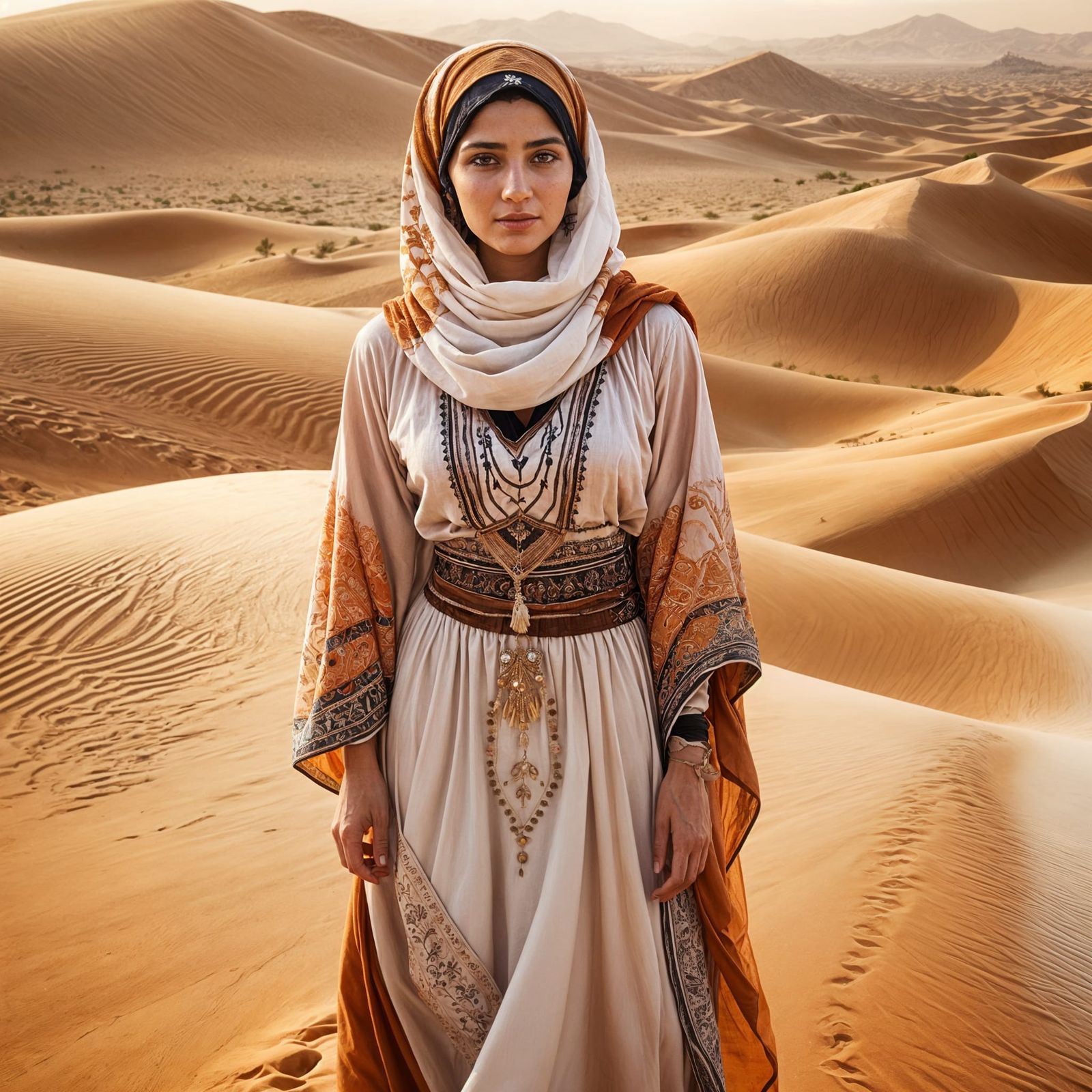 Woman in Traditional Jordanian Dress in Desert