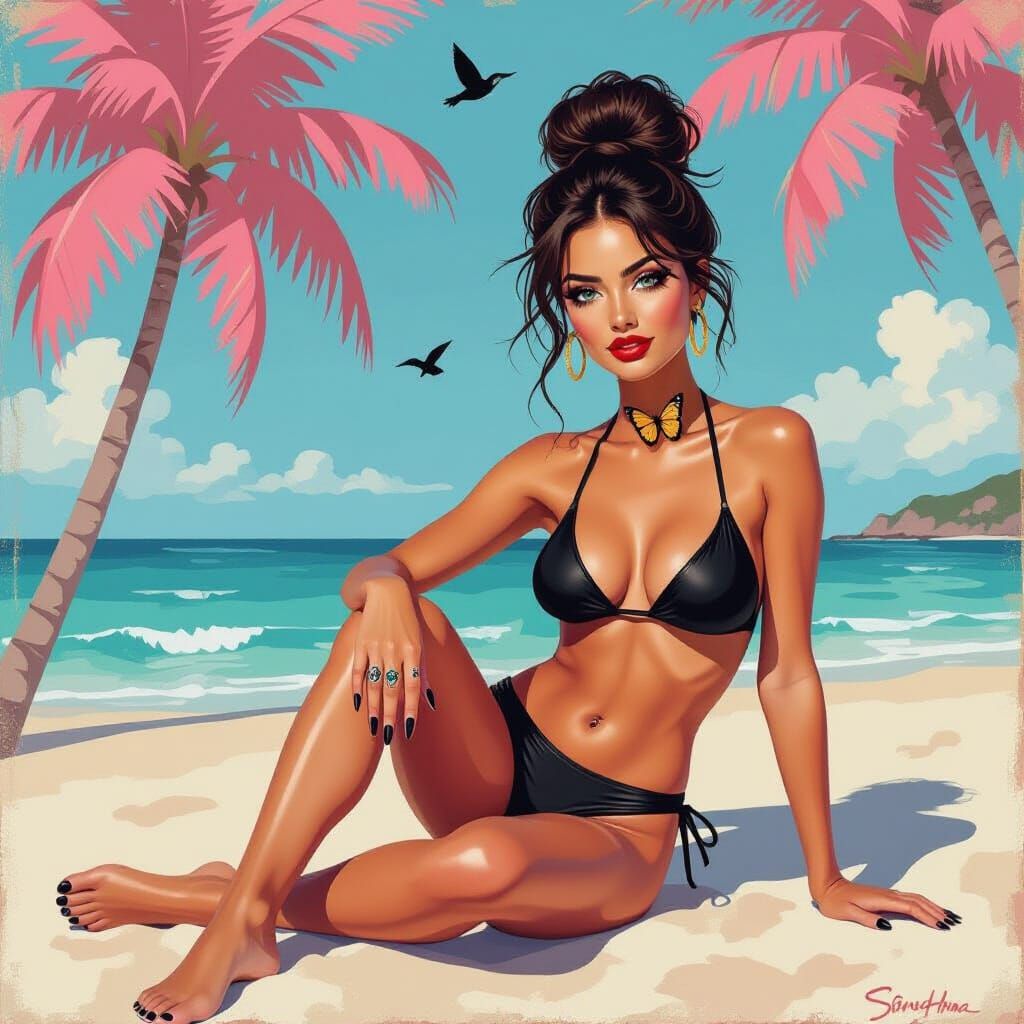 Sassy Beach Lady in Oil Painting Style