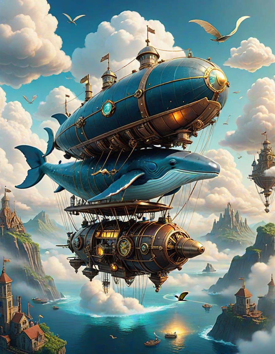 Blue Whale Airship in Steampunk Fantasy Style
