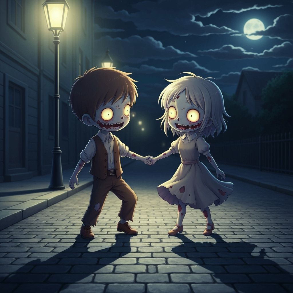 Chibi Zombie Couple Dancing Under Streetlamp in Anime Style