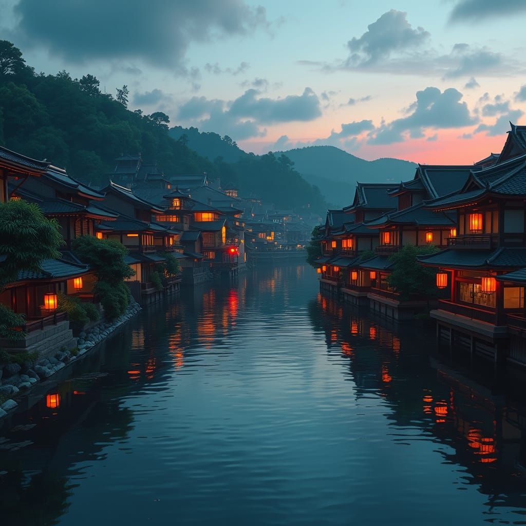 Serene Japanese River Cityscape at Dusk