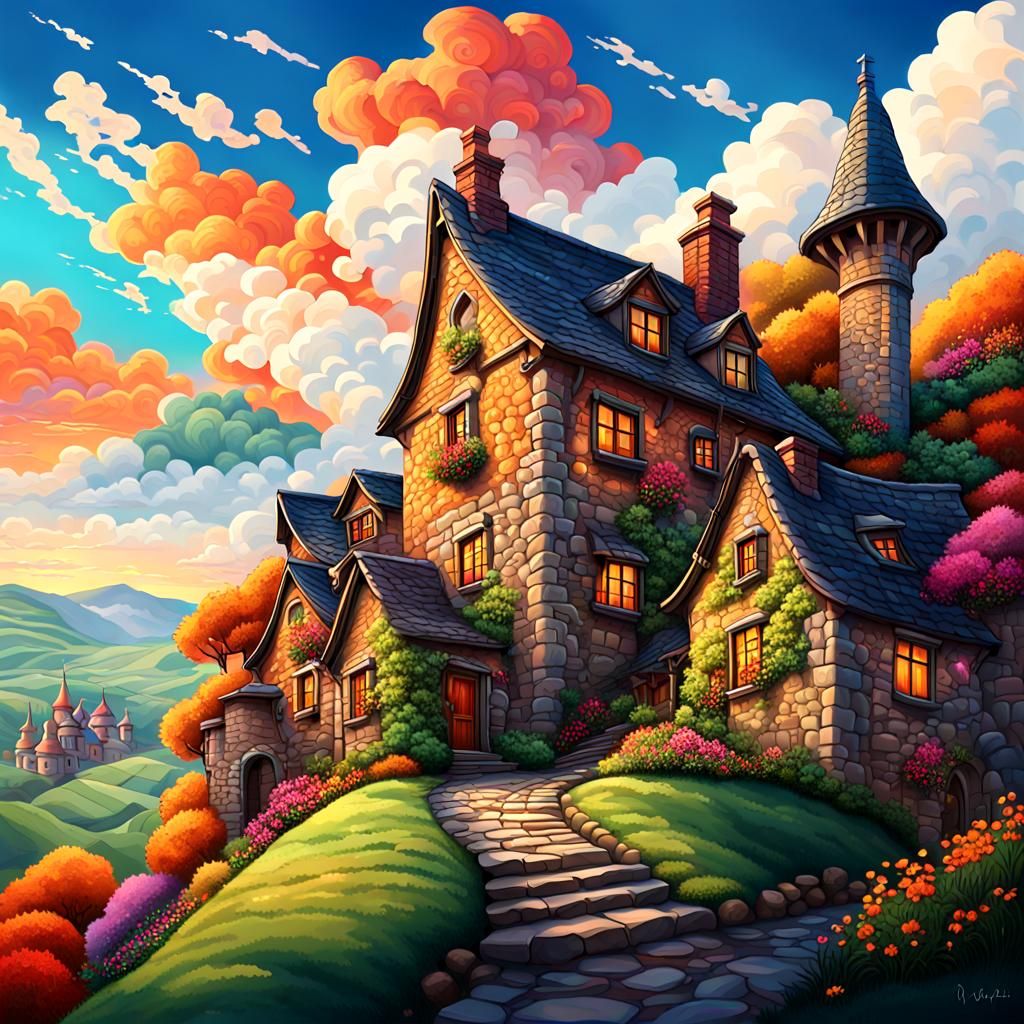 Whimsical Village on Curly Hills: Hyperrealistic Splash Art
