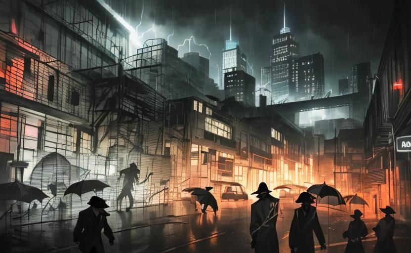 Film Noir Search Party in Stormy Cityscape