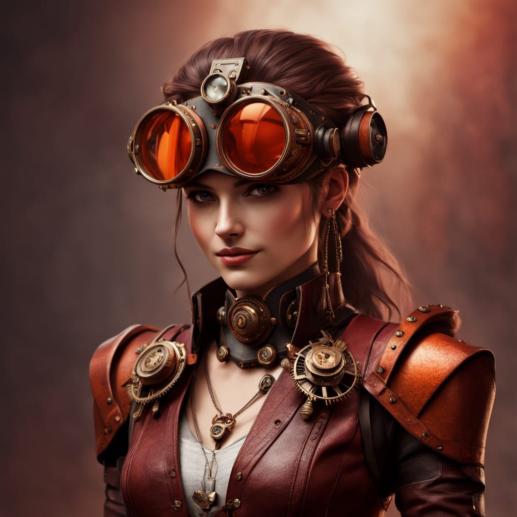 Steampunk Lady Smiles with Goggles and Gears