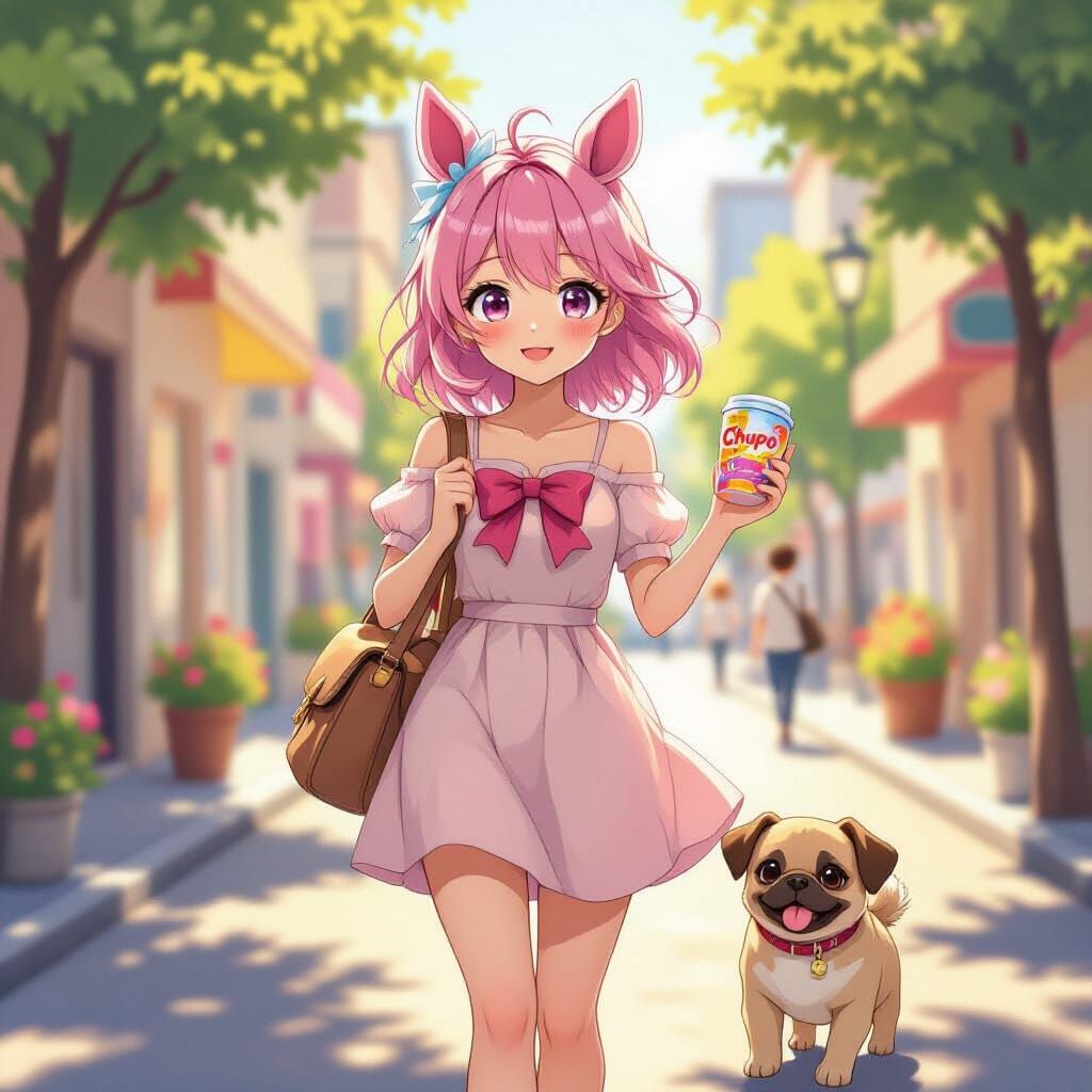 Anime Girl with Horse Ears and Pug Puppy in City