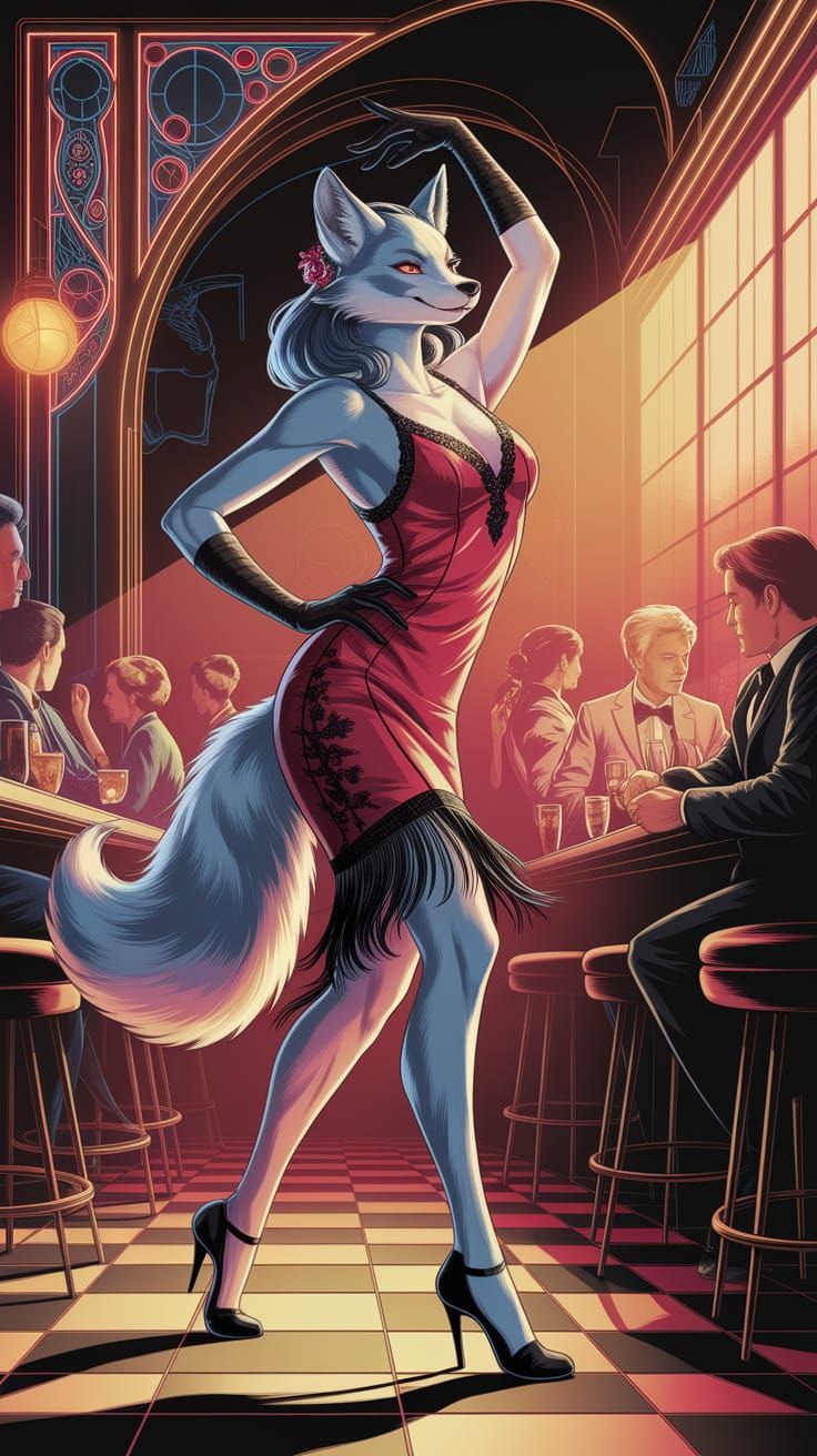 Silver Fox-Woman Dances in Art Nouveau Jazz Club