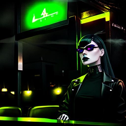 Goth Model in Neon-Lit Coffee Shop