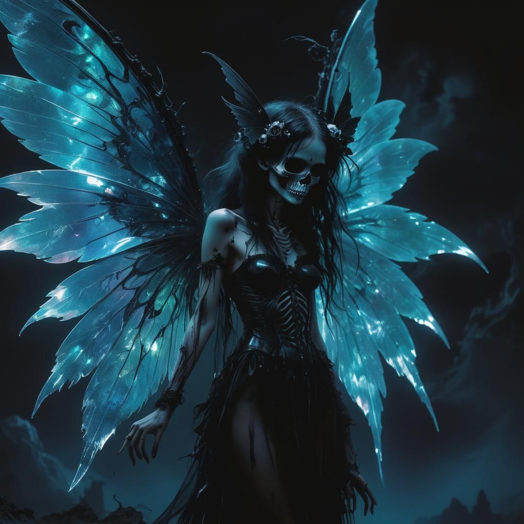 Dark Gothic Holographic Fairy with Black Neon Wings