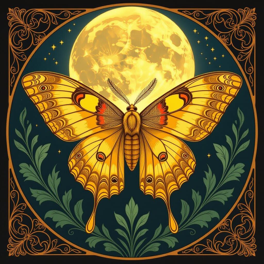 Golden Moth Bathed in Moonlight, Art Nouveau Style