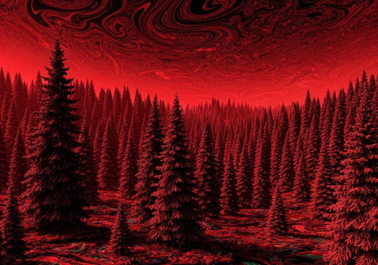 Surreal Red Forest in Psychedelic Art Style