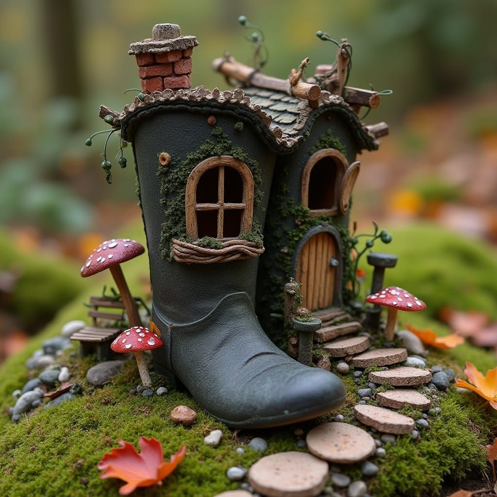 Whimsical Fairy Boot House in Autumn Garden