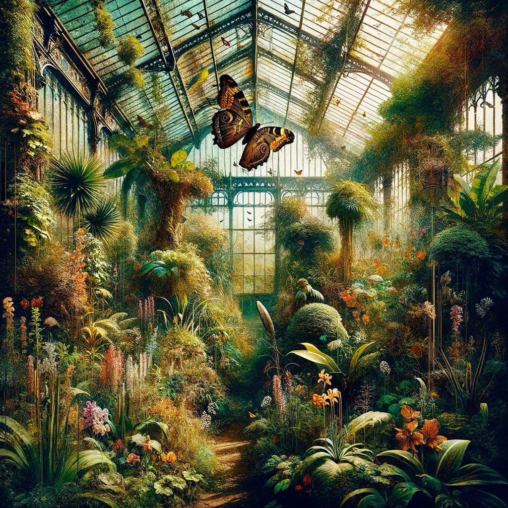 Victorian Greenhouse with Stained Glass Butterfly