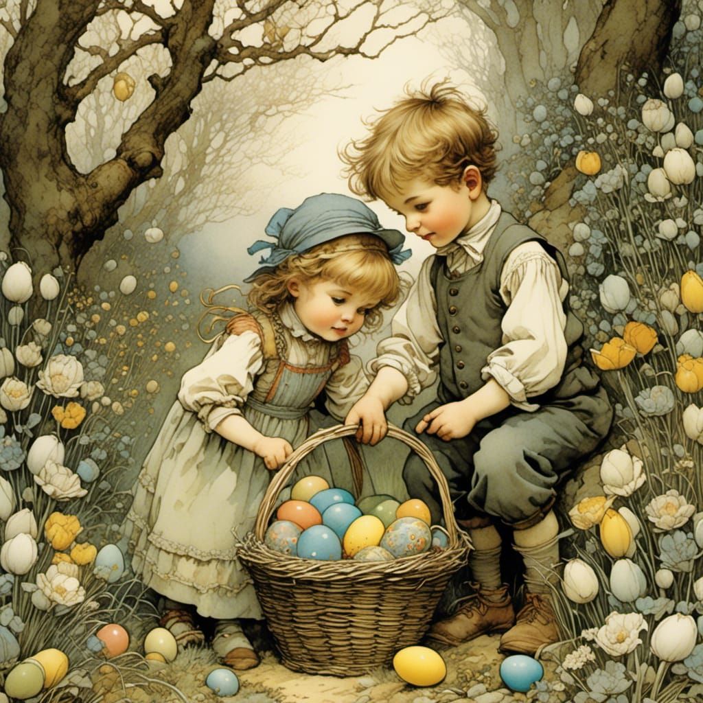 Brother and Sister Easter Egg Hunt, Vintage Illustration