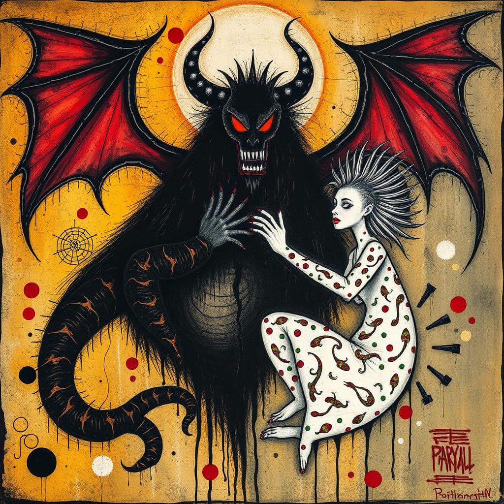 Surreal Godling Encaustic Drawing in Miró Style