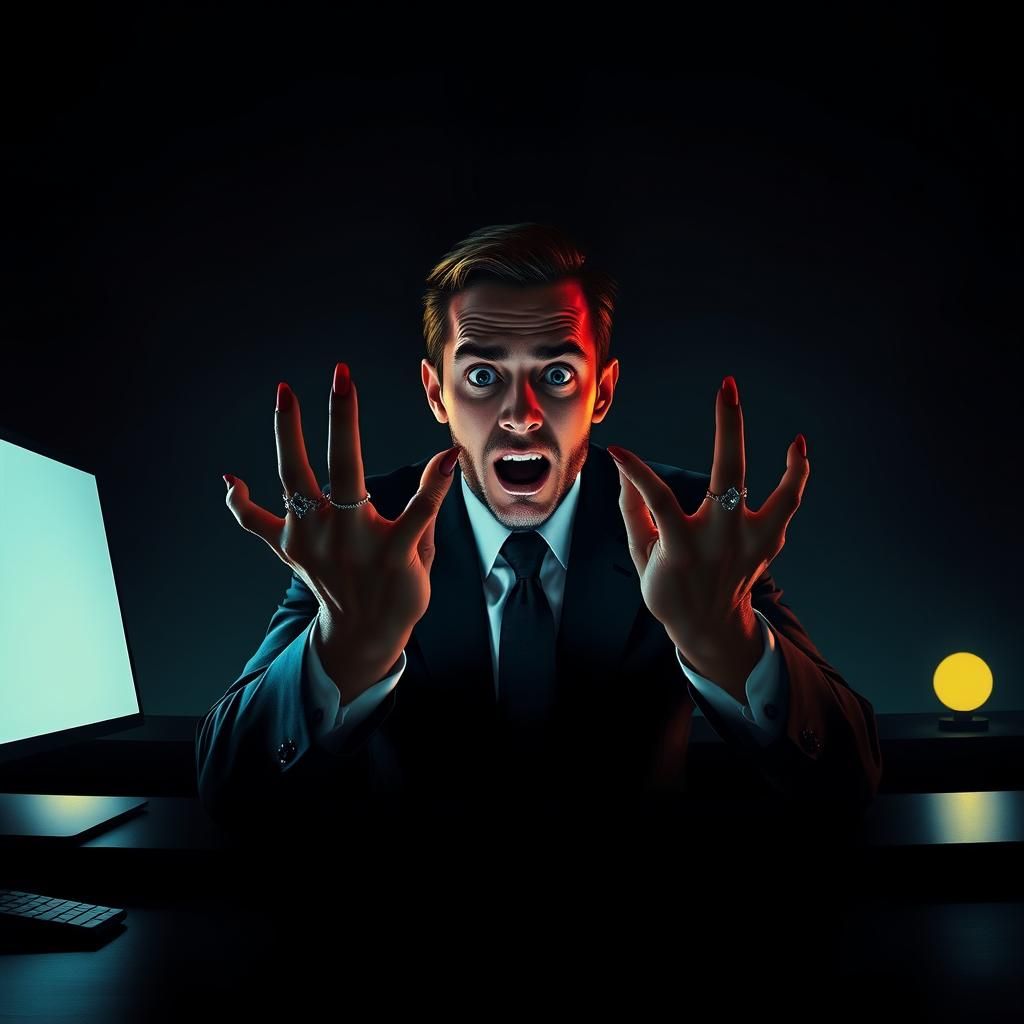 Terrified Man Confronts Digital Horror in Film Noir Style