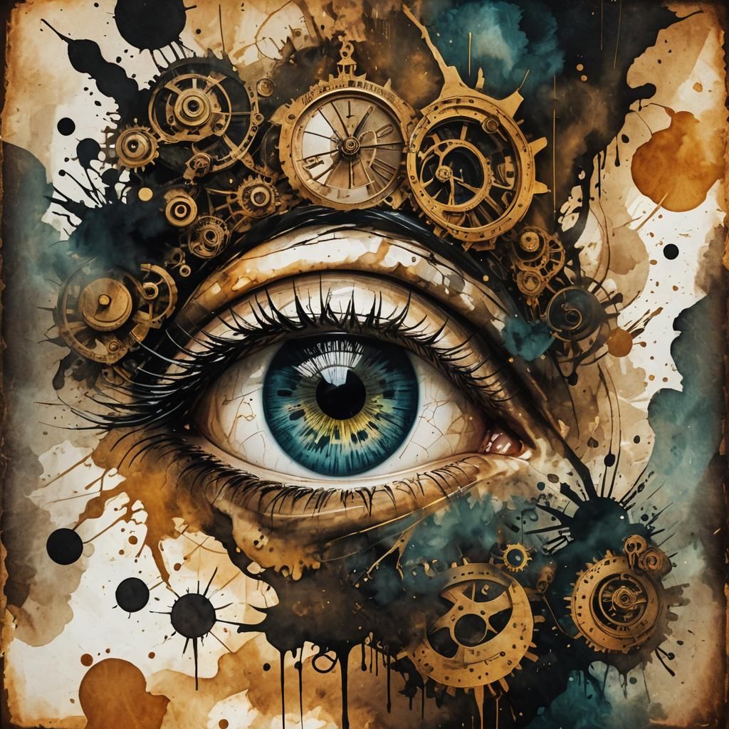 Steampunk Eye Double Exposure in Ink Painting Style