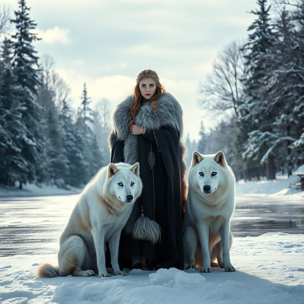 Nordic Princess Surrounded by Majestic Wolves in Snowy Wilde...