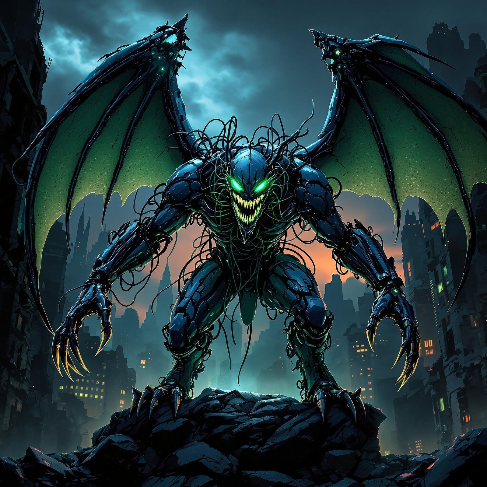 Cyberpunk Gargoyle with Glowing Eyes in Dystopian Gotham