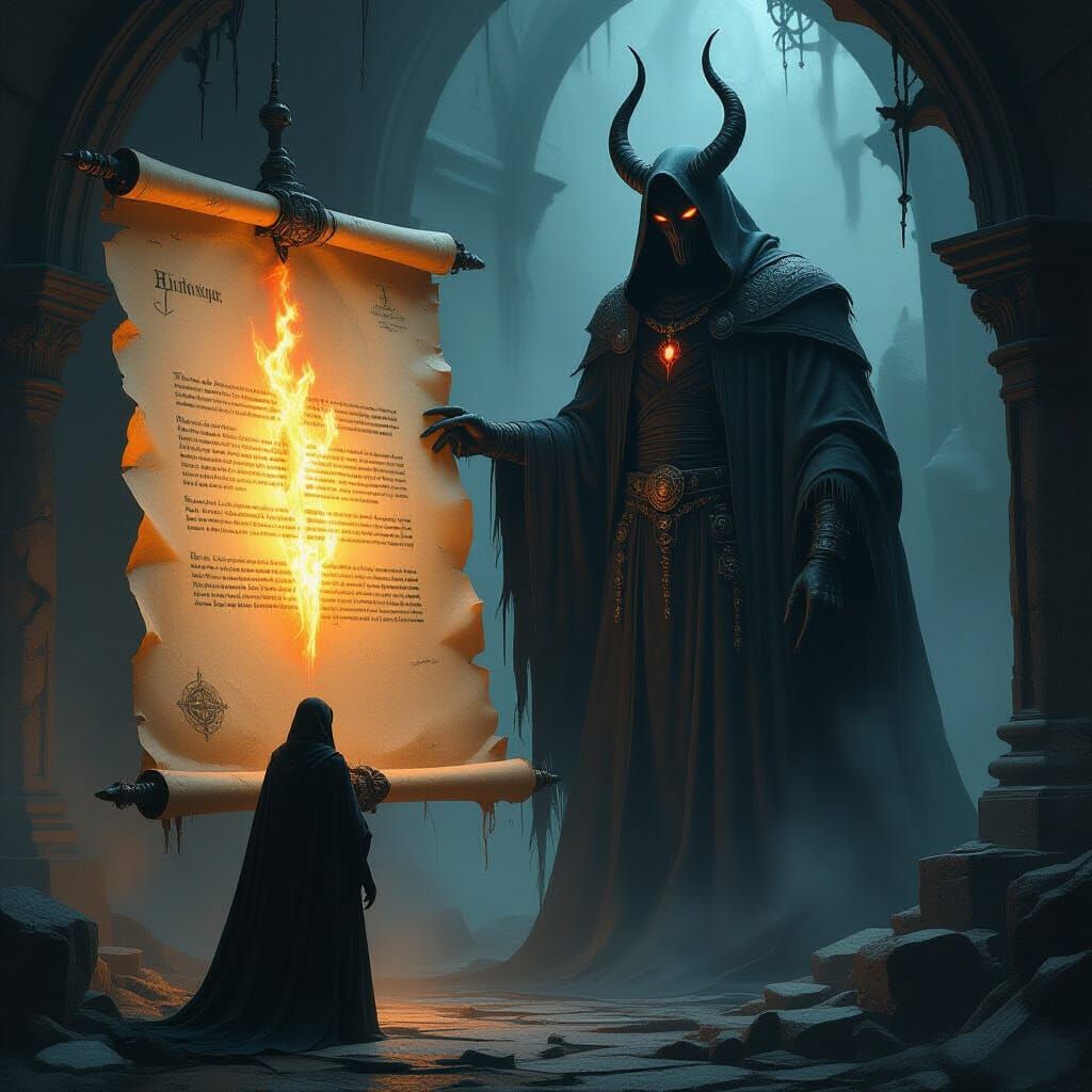 Cursed Parchment with Demonic Figure in Dark Fantasy Style