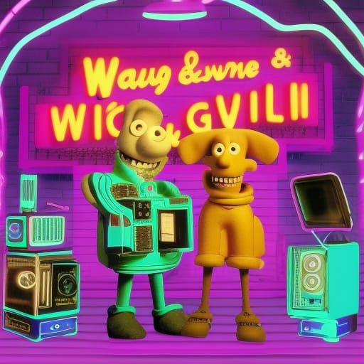 Wallace and Gromit in Synthwave Neon Style