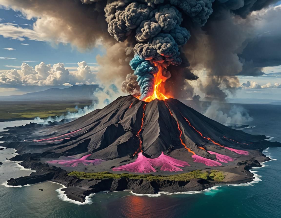 Volcanic Island Eruption with Blue Lava