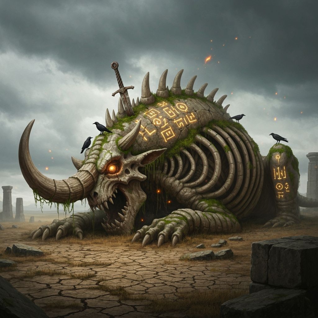 Colossal Decaying Beast in Desolate Landscape