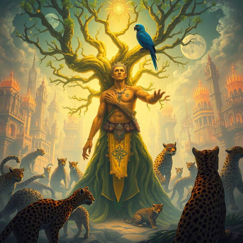 Yellow Leopard Shaman in Luminous City, Dreamlike Digital Ar...