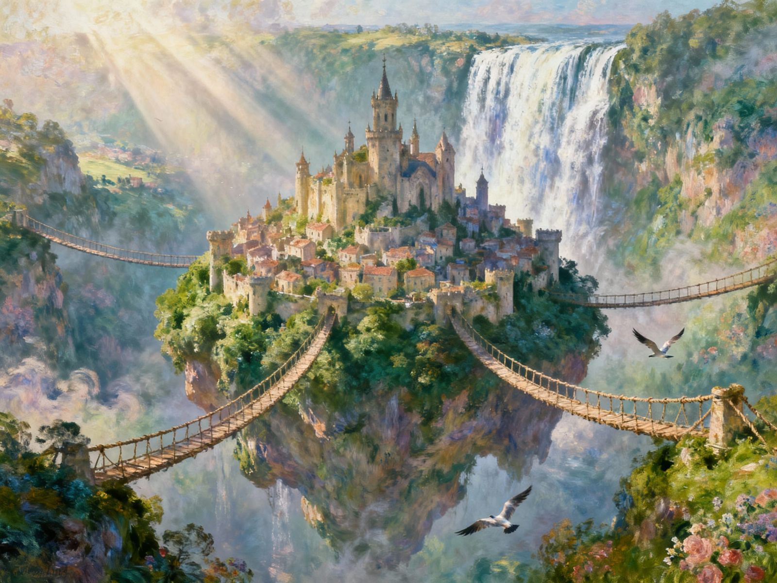 Ethereal Medieval City on Floating Island with Waterfalls