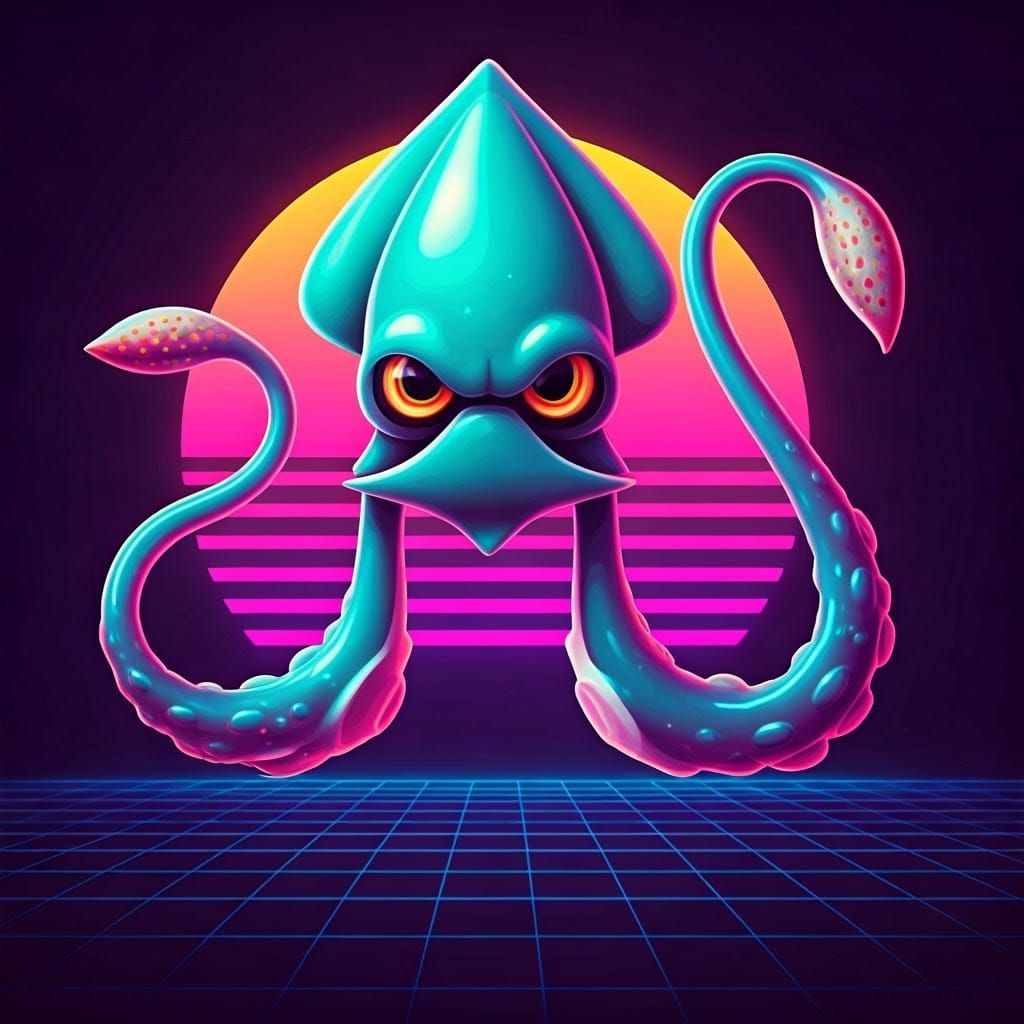 Hot Pink and Teal Squid in Synthwave Style