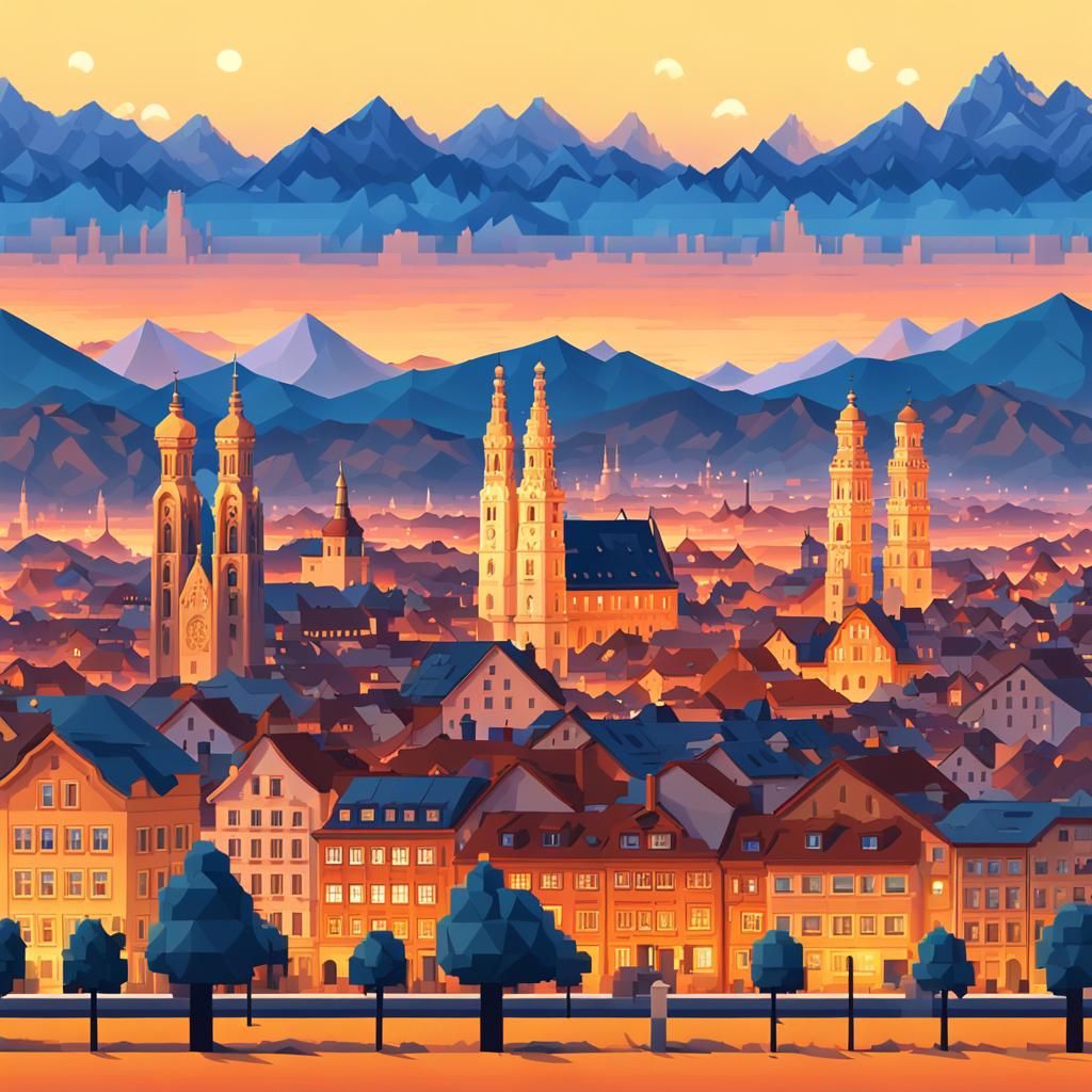 Munich Skyline Pixel Art at Dusk