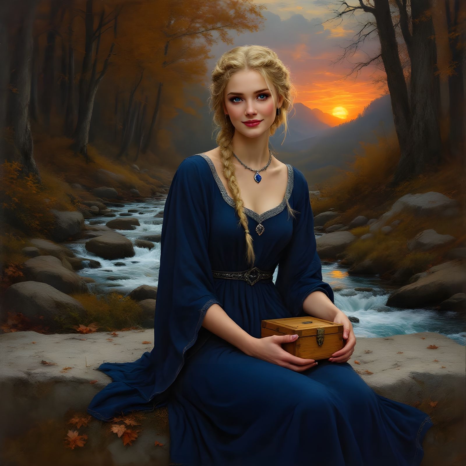 Norse Goddess in Autumn Forest, Oil Painting