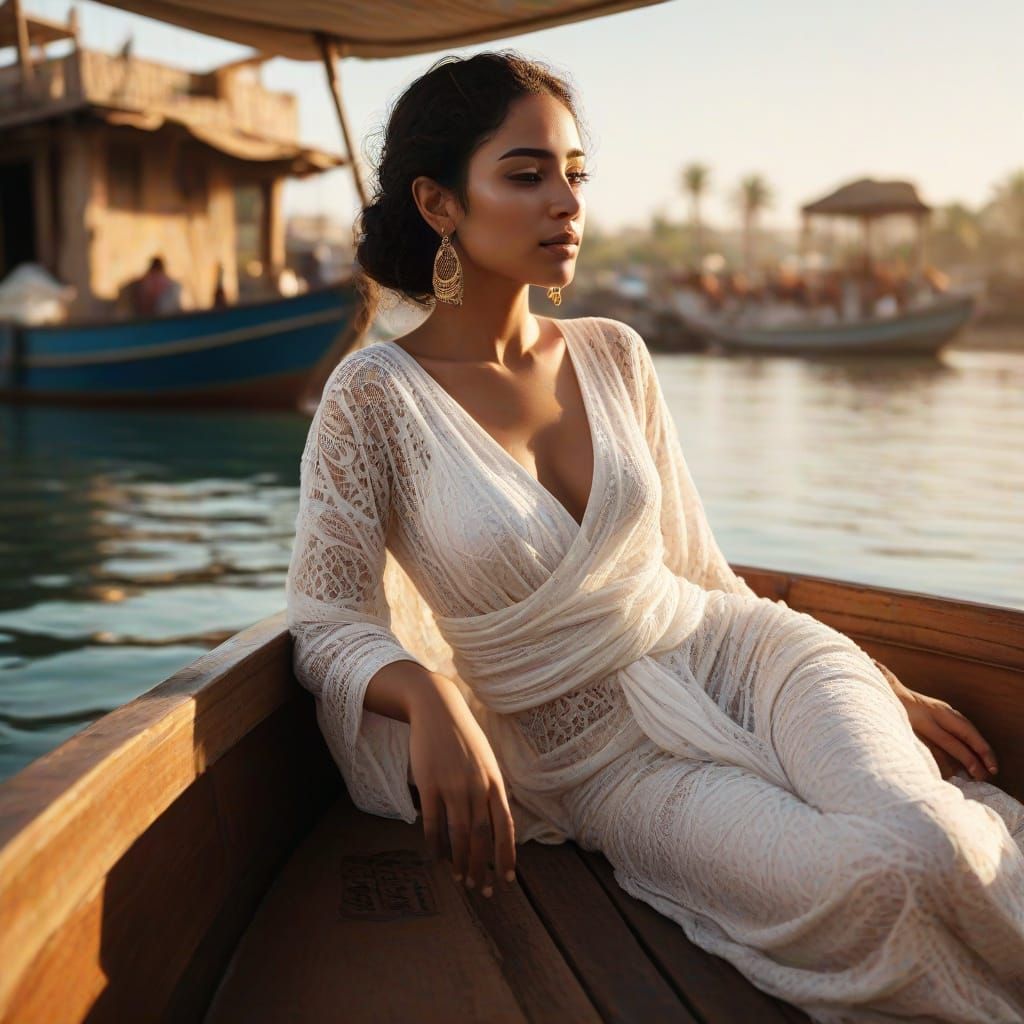 Egyptian Woman Lounging on Boat in Golden Light