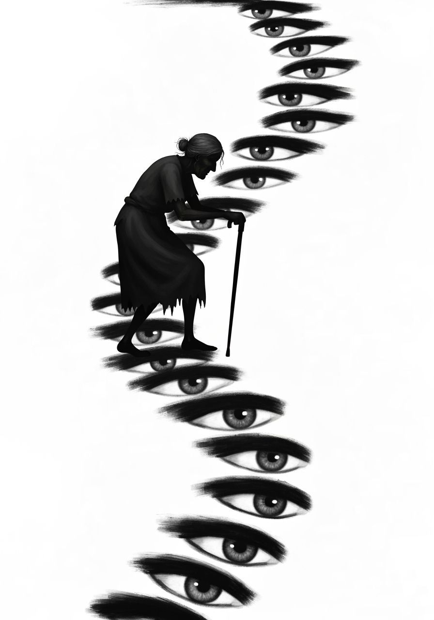 Hunchback Woman Climbs Eye Staircase in Minimalist Painting