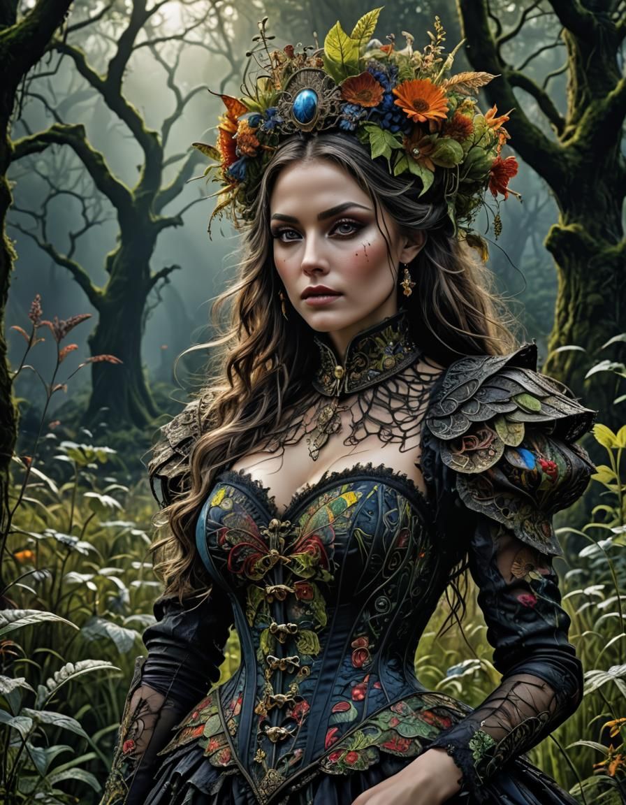 Psychedelic Meadow Portrait: Gorgeous Woman in Red